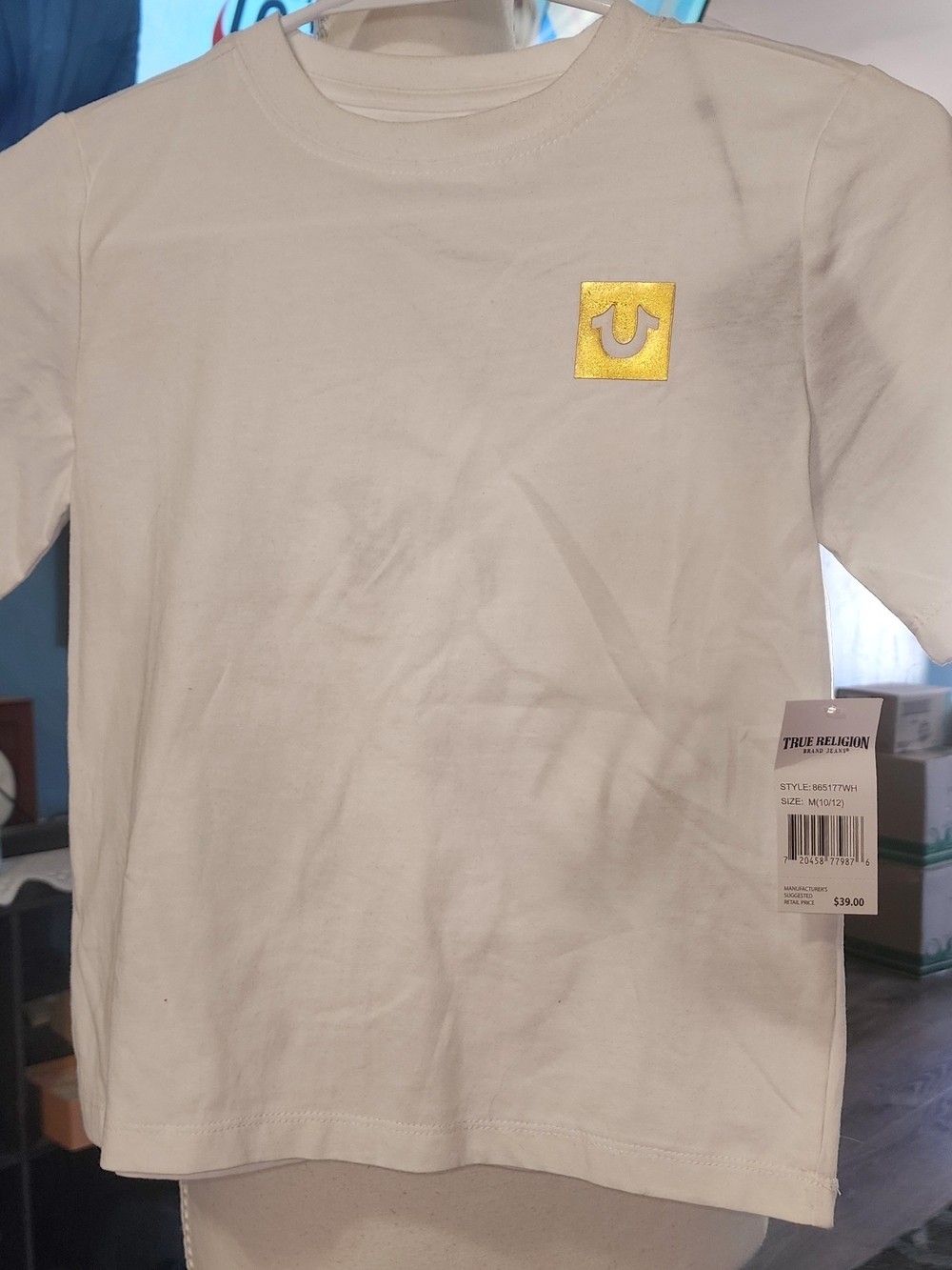 True Religion White Short Sleeve Tee with Gold Logo Patch Sz 5/6 MED NWT